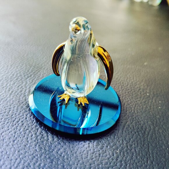 Glass Baron Mini Art Glass Penguin Figurine w Gold Accents on Blue Mirror - Picture 2 of 6